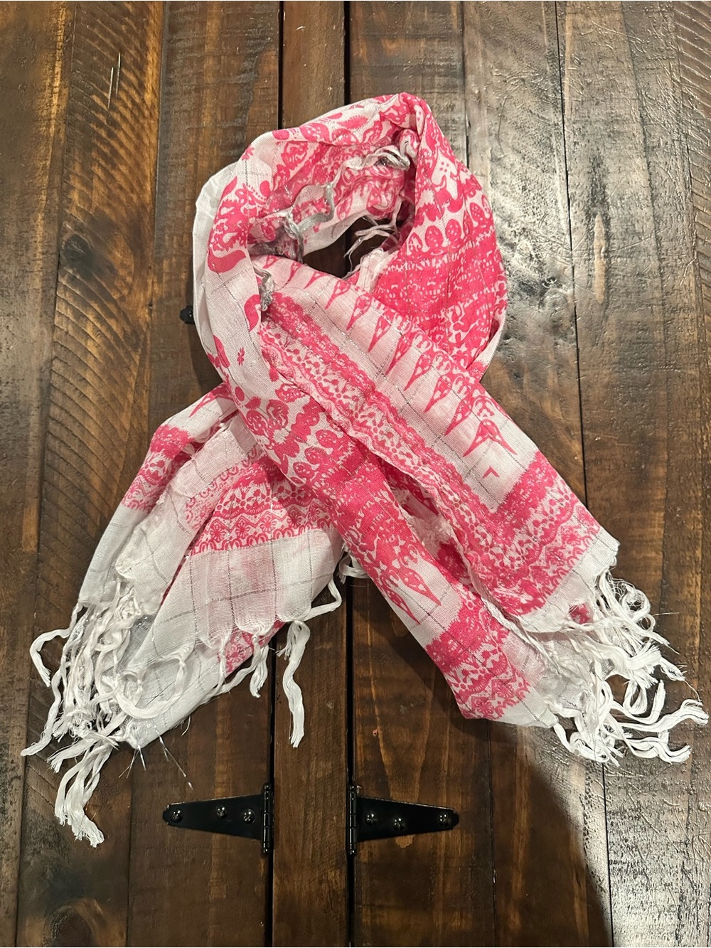 LA DoubleJ White and Pink Printed Fringe Wrap Scarf